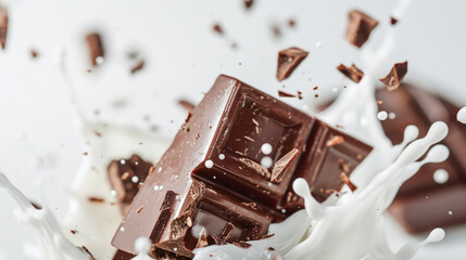 Pieces of delicious broken chocolate float in splashes of milk. Dinamyc white background. Food...