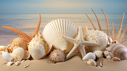 Assorted Seashells and Starfish Arranged on Sand