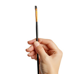 Hand holding a little paintbrush isolated on a white background.
