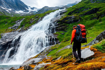 A lone hiker with a red backpack stands in awe before a majestic mountain waterfall surrounded by lush greenery.