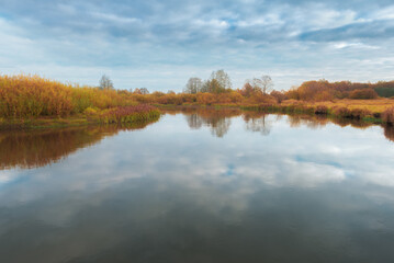 Beautiful autumn landscape with beautiful reflection of the sky and plants in the river - 741465996