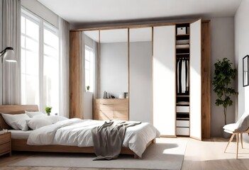 White and wooden bedroom interior with wardrobe