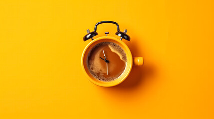 hot coffee served in a yellow retro alarm clock against a vibrant yellow background.