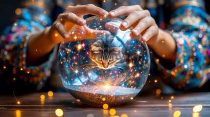 Fortune teller with a magic crystal in which a cat appeared - obrazy, fototapety, plakaty