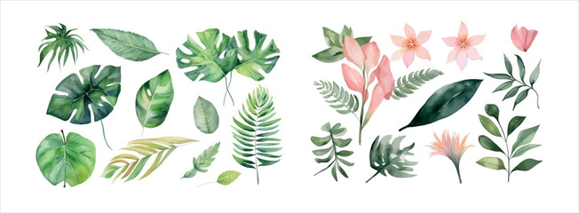 Collection of Watercolor Tropical Leaves, Hand-Painted Green and Yellow Foliage, Isolated Elements for Design - obrazy, fototapety, plakaty