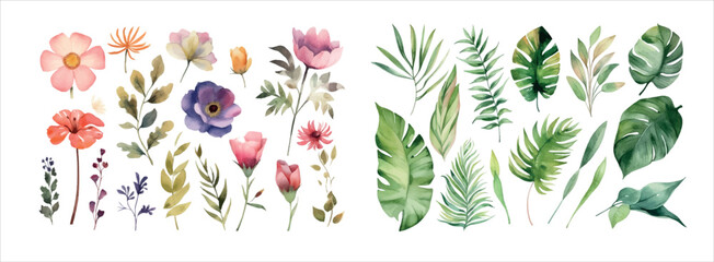 Elegant Collection of Hand-Painted Watercolor Flowers and Lush Green Leaves, Perfect for Invitations, Decorations, and Art