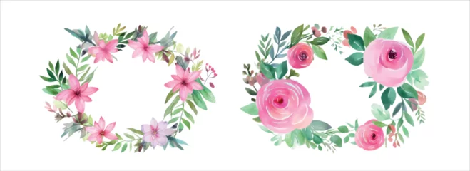 Zelfklevend behang Bloemen Elegant Floral Arrangements with Blooming Roses and Lilies, Perfect for Invitations, Greetings, or Decorative