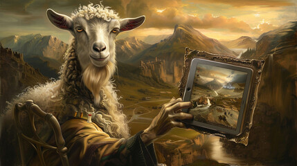 A painting inspired by the Mona Lisa of a goat