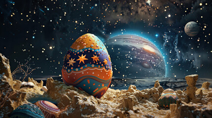 Easter egg and stars against the background of the night starry sky with planets