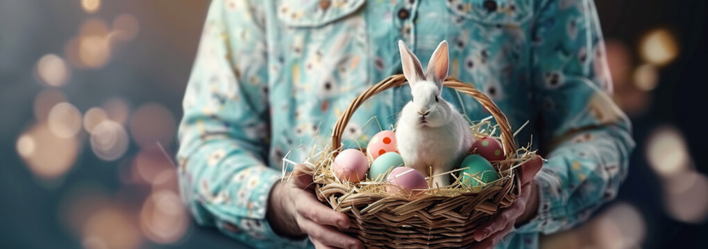 A man holds a basket of Easter eggs with rabbit in his hands