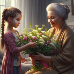 Meeting of old and young. A little girl hands a bouquet of beautiful flowers to her old grandmother for her birthday. A scene of true love in a harmonious family - obrazy, fototapety, plakaty