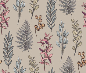 Vector seamless pattern with dried flowers, leaves and branches. Endless floral background - 741468308