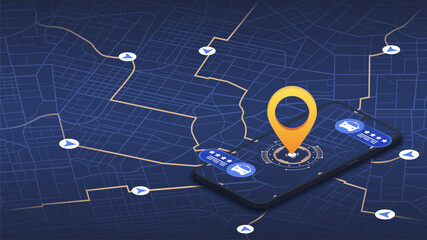 Ordering taxi online with mobile phone app. Internet cab car service on smartphone application. Customer ranking, rating auto ride. Vector illustration on black background © Vadym