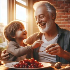 Togetherness and love of old and young. Grandfather and grandson are eating happily. They look at each other with smiles filled with love. - obrazy, fototapety, plakaty