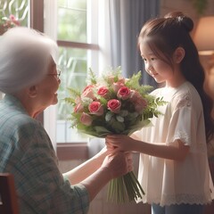 Meeting of old and young. A little girl hands a bouquet of beautiful flowers to her old grandmother for her birthday. A scene of true love in a harmonious family - obrazy, fototapety, plakaty