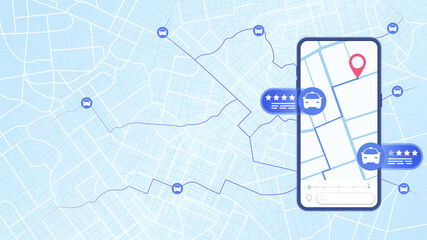 Internet cab car service in smartphone application. Ordering taxi online with mobile phone app. Passenger customer ranking, rating auto ride. Vector illustration on blue background © Vadym
