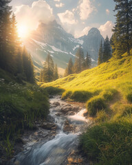 Mountain stream in beautiful alpine nature, early in the morning under the divine sun rays
