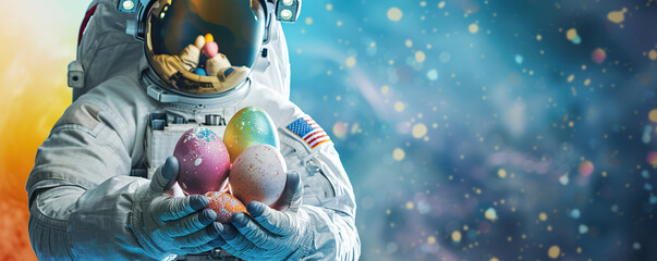 Astronaut portrait holding space Easter eggs in hand in space