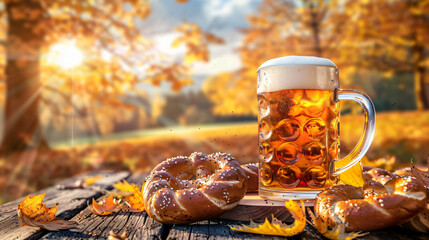 Bavarian pretzels with a big beer in a mug. - obrazy, fototapety, plakaty