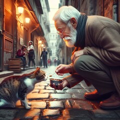 aring for abandoned, street animals. An old man on the street feeds a cat. A picture of goodness and faith in people and humanity towards animals