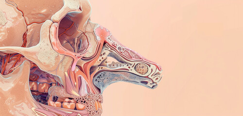 Cross-sectional view of the nasal cavity, highlighting the olfactory region, presented on a gentle peach background