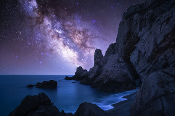 Stunning Milky Way Over Sea Rocks and Cliffs at Night - obrazy, fototapety, plakaty