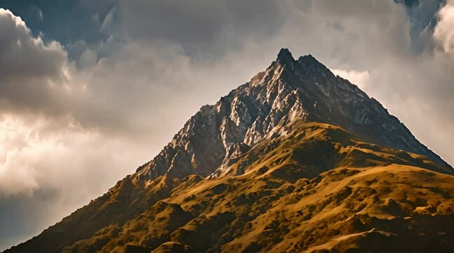 Mountains peak in under cloudy sky with timelapse cinematic video