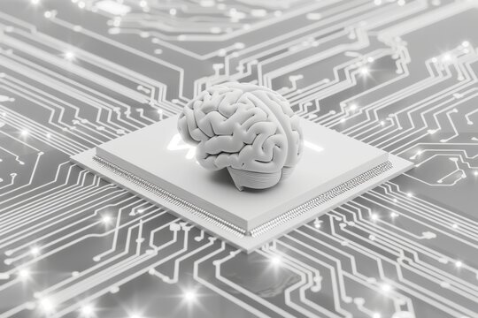 AI Brain Chip mental strength. Artificial Intelligence brain network aging mind cleanroom technology axon. Semiconductor telepathy circuit board simultaneous multithreading