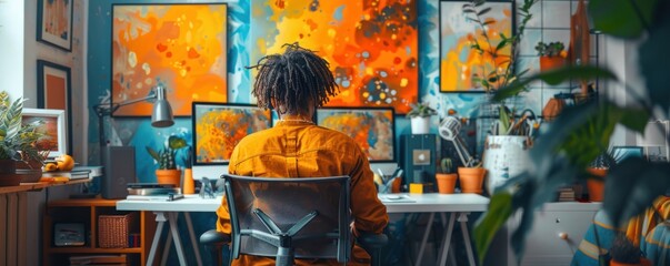 A designer's home office space filled with vibrant art frames, indoor plants, and a welcoming atmosphere for creativity