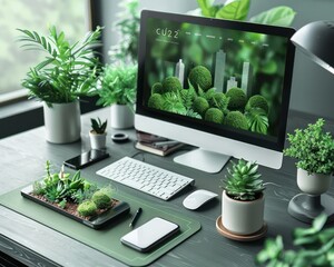 A sustainable workstation setup that integrates biophilic design elements, featuring a variety of potted plants alongside sleek, modern technology.