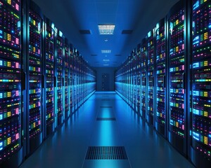 A modern data center with rows of high-capacity server racks, illuminated with LED lights in a cool blue tone