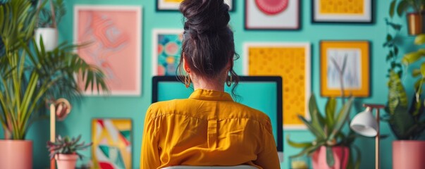 A contemporary office meeting area with stylish orange sofas, glass partitions, and vibrant sticky note brainstorming walls