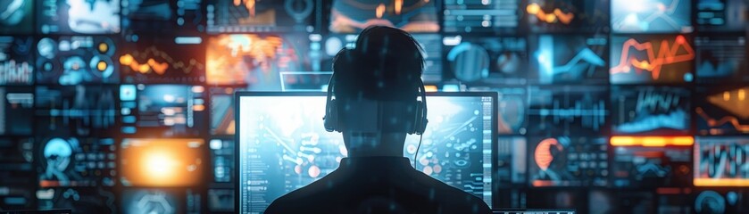 A network specialist focuses on complex data patterns in a futuristic control room, surrounded by advanced monitoring equipment and high-resolution displays.
