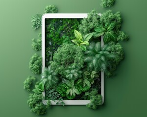 A creative concept blending technology with nature, depicting a lush, vibrant digital forest spilling out from a tablet screen into reality.