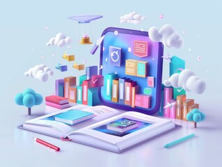 An artistic representation of a digital learning platform, with an open book leading into a vibrant e-learning interface.