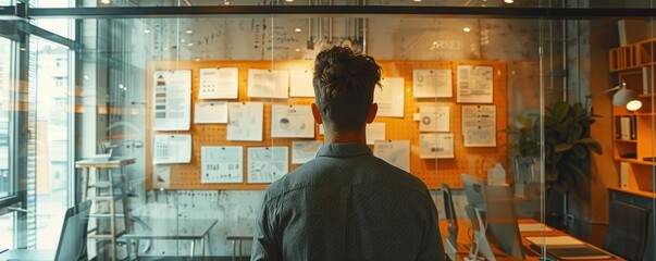 View of an innovative office design emphasizing collaboration, with clear glass walls, open workspaces, and a variety of data-driven project plans.