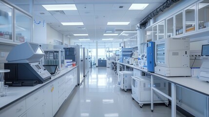 A clean, bright laboratory setting featuring advanced scientific equipment and spacious work areas