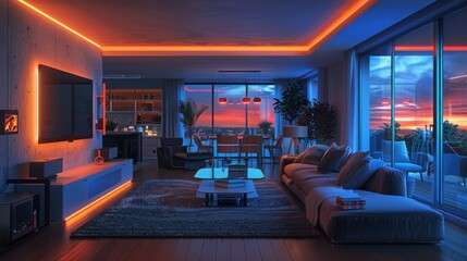 A stylish living room illuminated with neon accent lighting and large windows offering a panoramic view of the city during sunset, exuding modern luxury.