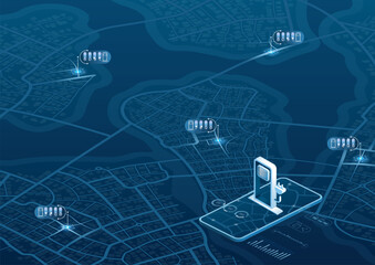 Search charging station online with mobile phone app. Location mark on gps navigation isometric map on smartphone application. POI fast supercharger station. EV destination tag. Vector illustration