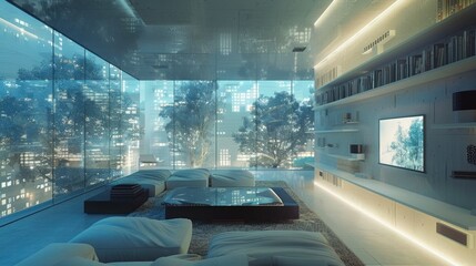 Minimalist bedroom design with a sleek smart home interface projected onto the window, showcasing a fusion of comfort and advanced technology.