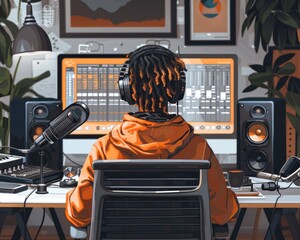 A music producer focused on a digital audio workstation in a home studio setting, surrounded by monitors, speakers, and recording equipment.