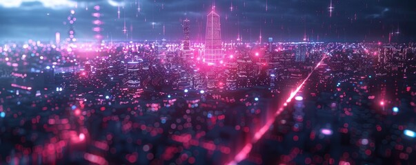 A city at night seen through a neon-lit network grid with flowing data streams, reflecting the concept of a connected and digital urban environment.