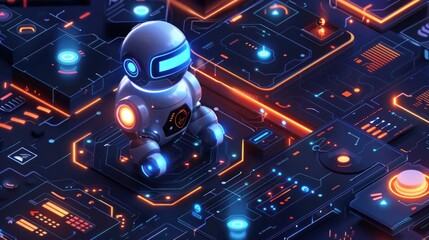 An illustrated small robot standing on a digital platform with neon circuitry and technological elements.