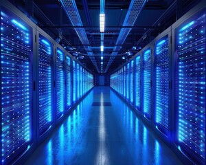 A server room within a data center illuminated by blue LED lights, highlighting advanced networking technology