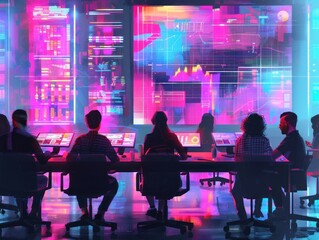 Diverse tech team operates in a modern network control center, managing and analyzing a flow of data on high-resolution transparent displays.