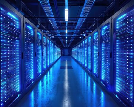 A server room within a data center illuminated by blue LED lights, highlighting advanced networking technology