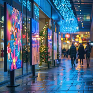 Festive shopping alley illuminated by digital displays and holiday decorations, creating a lively atmosphere for evening shoppers.