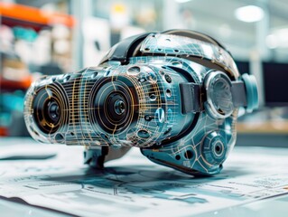 Close-up of a firefighter's augmented reality headgear, illustrating modern firefighting equipment designed to enhance safety and operational efficiency.