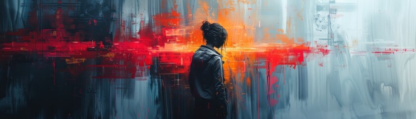 A solitary figure contemplates a vibrant abstract expressionist painting, evoking emotion and interpretation in the viewer.