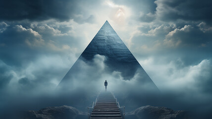 an ancient pyramid in the clouds, an abstract secret of knowledge the way to success in business
